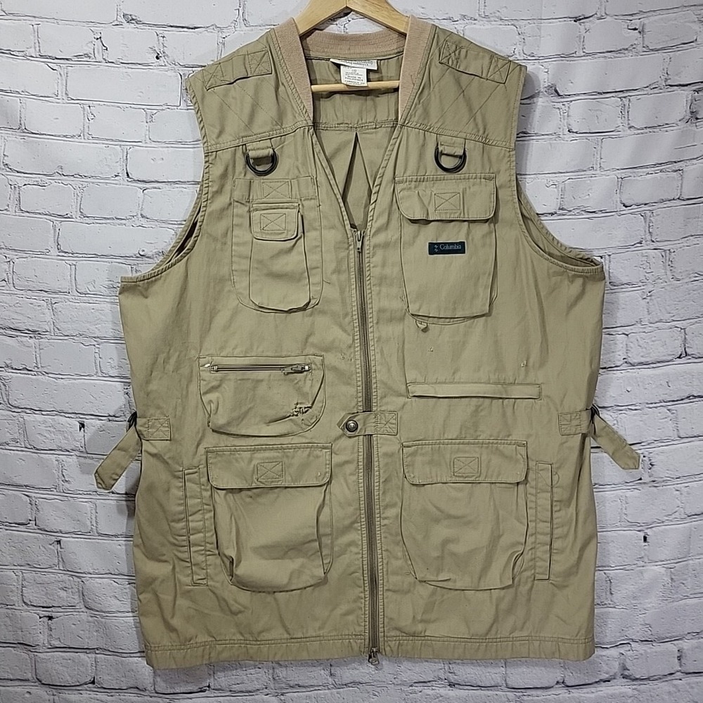 Vintage 90's Columbia Fishing Vest Mens XL Beige Utility Outdoors Flaws Holes